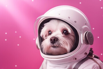 fluffy white dog astronaut in space suit on pink background.