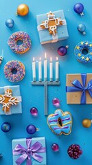 Wall Mural - Happy Hanukkah Greeting Card Design with Flat Lay Menorah, Gift Boxes, Candles, and Jelly Donuts on Blue Background. Suitable for Birthday Gifts, Celebrations, New Year, National Holidays, Presidentia