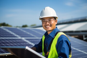 Wall Mural - Asian male solar engineer, alternative energy