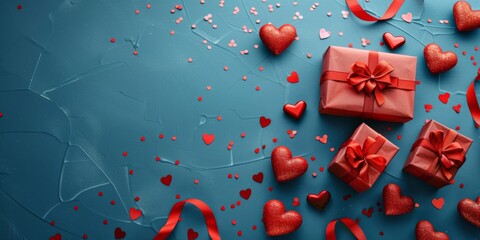Wall Mural - Valentine's Day Background with Red Gift Boxes and Blue Hearts. Flat Lay, Top View. Love and Romance Concept. Suitable for Wedding Anniversary, Birthday Gifts, Celebrations, New Year, National Holiday