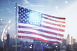 © Pixels Hunter - Double exposure of creative artificial Intelligence hologram on USA flag and blurry cityscape background. Neural networks and machine learning concept