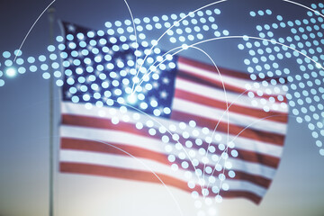 Poster - Abstract virtual world map with connections on USA flag and sunset sky background, international trading concept. Multiexposure