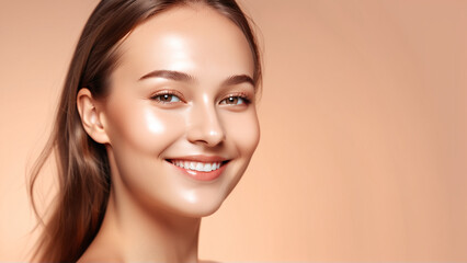 Woman smiling while touching her flawless glowy skin with copy space for your advertisement, skincare