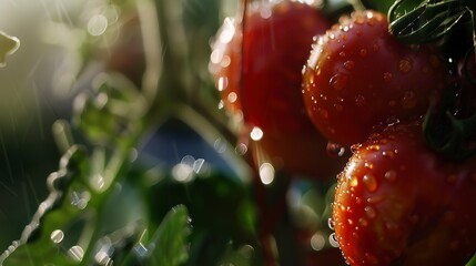 Poster - Ripe tomatoes on the vine, close focus, dew-covered, bright reds, farm setting