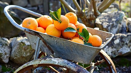 Poster - Wheelbarrow filled with freshly picked oranges, close-up, vibrant oranges, garden setting 