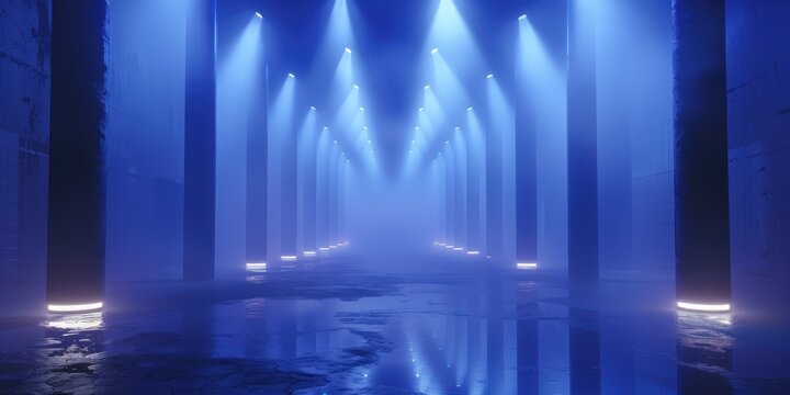 Neon Blue Hallway with Fog and Lights