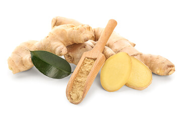 Wall Mural - Fresh ginger roots and wooden scoop with dried powder on white background