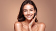 © Art - Woman smiling while touching her flawless glowy skin with copy space for your advertisement, skincare