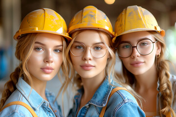 Wall Mural - Three women wearing yellow hard hats and blue denim jackets. They are smiling and looking at the camera