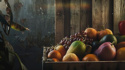 Wall Mural - Close-up of a rustic wooden crate filled with assorted colorful fruits, detailed textures, soft morning light