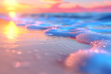 Wall Mural - A beautiful beach scene with a large body of water and a bright orange and pink sunset in the background. The water is filled with bubbles, creating a playful and whimsical atmosphere