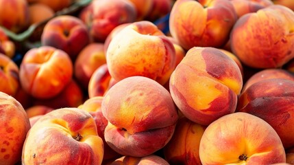 Sticker - Pile of ripe peaches at a market stand, close-up, fuzzy textures, vibrant orange hues