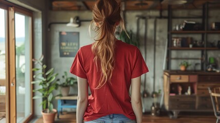 Sticker - A back view of a plain red t-shirt worn by a model, standing in a minimalist setting.