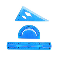 Wall Mural - Blue straight and triangle plastic rulers with protractor on white background