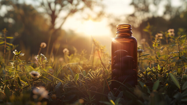 A supplement bottle in a nature setting, warm tones, nature,