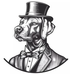 Wall Mural - dog in suit and bow tie with top hat clipart engraving vintage line art vector illustration, white background