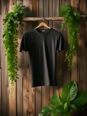 Wall Mural - presentation of a hanging mockup of a plain black t-shirt, with a wooden pattern background, 4k resolution footage, generated ai