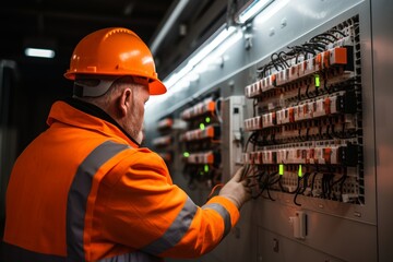 Engineer using voltmeter to inspect circuit breaker for electrical maintenance and voltage testing