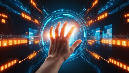 A hand reaching out to touch a futuristic digital interface with glowing orange and blue elements in a dark, high-tech environment.