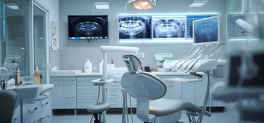 Wall Mural - Innovative medical technology diagnose and examine patient teeth with intelligence software in dental clinic.