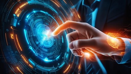 A hand reaching out to touch a futuristic digital interface with glowing orange and blue elements in a dark, high-tech environment.