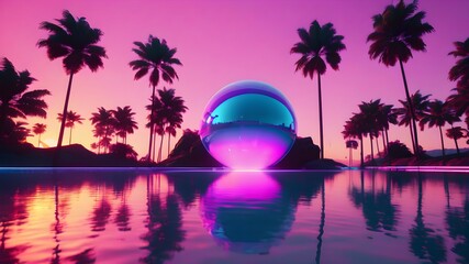 Wall Mural - A beautiful tropical scene with a pink sunset and a pyramid in the background. The palm trees are lush and green, and the water is calm and serene