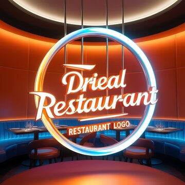 A luminescent 3D restaurant logo, suspended in mid-air, in a modern, sleek setting, bathed in a mesmerizing ring light, evoking a sense of excitement and dynamism