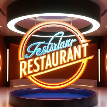 A luminescent 3D restaurant logo, suspended in mid-air, in a modern, sleek setting, bathed in a mesmerizing ring light, evoking a sense of excitement and dynamism