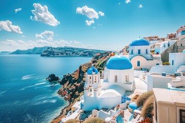 Wall Mural - There are numerous blue domes on the buildings of Santorini island in Greece