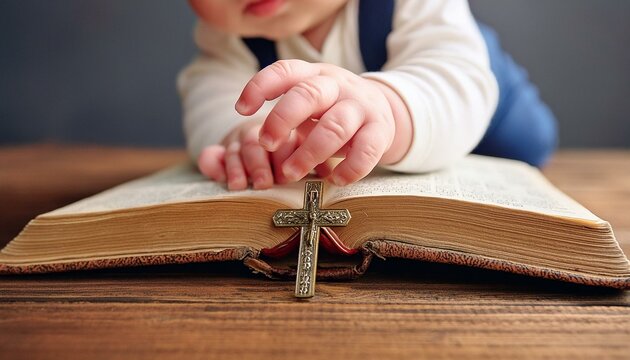 The Hand of Baby Resting On The Bible. Baby With Old Book. 