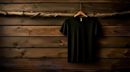 Wall Mural - presentation of a hanging mockup of a plain black t-shirt, with a wooden pattern background, 4k resolution footage, generated ai