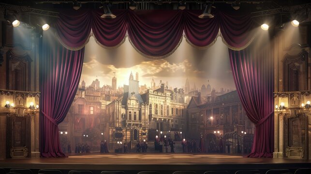 A theater stage with maroon curtains and a backdrop of old cityscapes, lit by soft spotlights that give the feeling of stepping back in time for a historical drama.