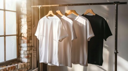Wall Mural - Row white and black t-shirts hanging on a clothesline in a store