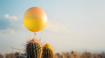 A fragile balloon on a sharp prickly cactus. Fragility and protection concept