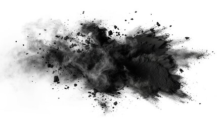 Black chalk pieces and powder flying, explosion effect isolated on white 