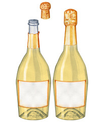 A bottle of champagne or prosecco closed and open with a cork watercolor set of illustrations. Hand drawn image of white wine in a bottle on an isolated background. For the bar and menu.