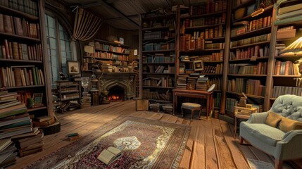 A Book-Filled Room with a Fireplace and a Comfortable Chair