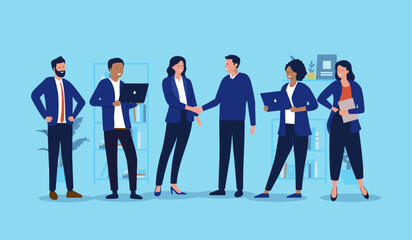 Poster - Group of businesspeople at work - Team of corporate office people doing business together, shaking hands over agreement and deal. Teamwork and collaboration concept in flat design vector illustration