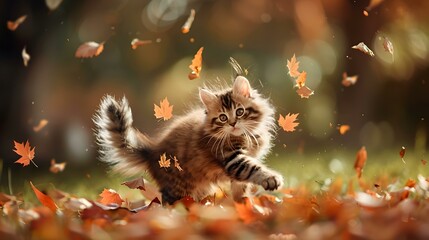 Sticker - A kitten playing with autumn leaves