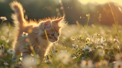 Wall Mural - A kitten exploring a flowering meadow  picture