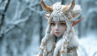 Wall Mural - Cute Alien Kid Creature with Large Eyes, Horns, Pointed Ears, White Gold Snow Winter. Surreal Fantasy, Mythology, Story Book. 3D Animation Cartoon, Little Doll Figurine. Artistic, Ornamental, Mystical