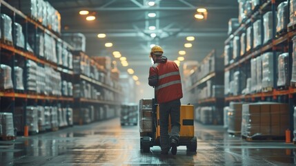 Canvas Print - Forklift Operator Transporting Stacked Pallets of Goods in a Spacious Distribution Warehouse for Efficient Logistics and Inventory Management
