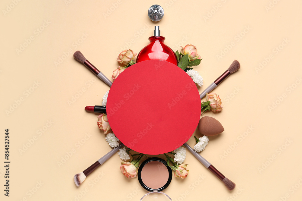 Composition with blank paper sheet, makeup products and beautiful rose flowers on beige background