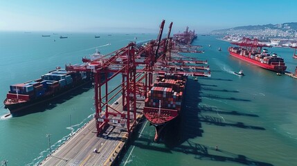 Wall Mural - Aerial view of a bustling cargo port with massive cranes loading and unloading shipping containers onto large cargo ships  The port infrastructure includes docks warehouses