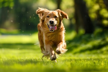 Wall Mural - A playful golden retriever running on a grassy lawn, showcasing joy and energy outdoors.