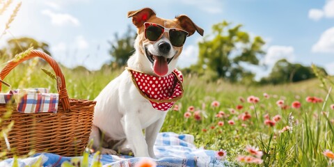 Wall Mural - A joyful Jack Russell Terrier sitting in a blooming meadow during a sunny day, looking playful and attentive.