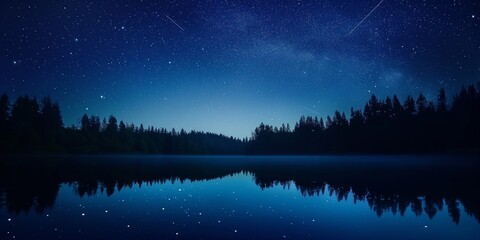 A tranquil night by the lake, with a forest silhouette and starry sky reflecting in the water.