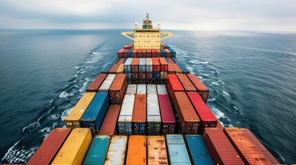 Wall Mural - A massive cargo ship with rows of brightly colored shipping containers stacked high on its deck sailing through the vast and open ocean representing the global transportation and logistics industry