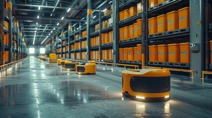Canvas Print - Fully Automated Modern Shipping Warehouse with Robotic Systems Efficiently Sorting Stacking and Transporting Packages for Streamlined Logistics and Supply Chain