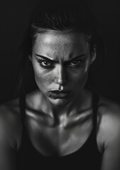 Poster - studio portrait of a muscular woman with an agressive look